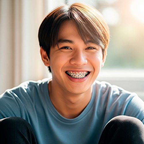 Paciente sorrindo com aparelho ortodôntico